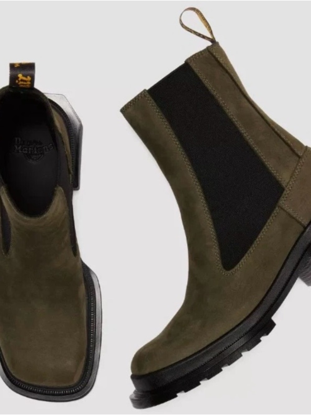 Brand New!! Dr. Martens Olive Suede Chukka Boots with Black Elastic Panels